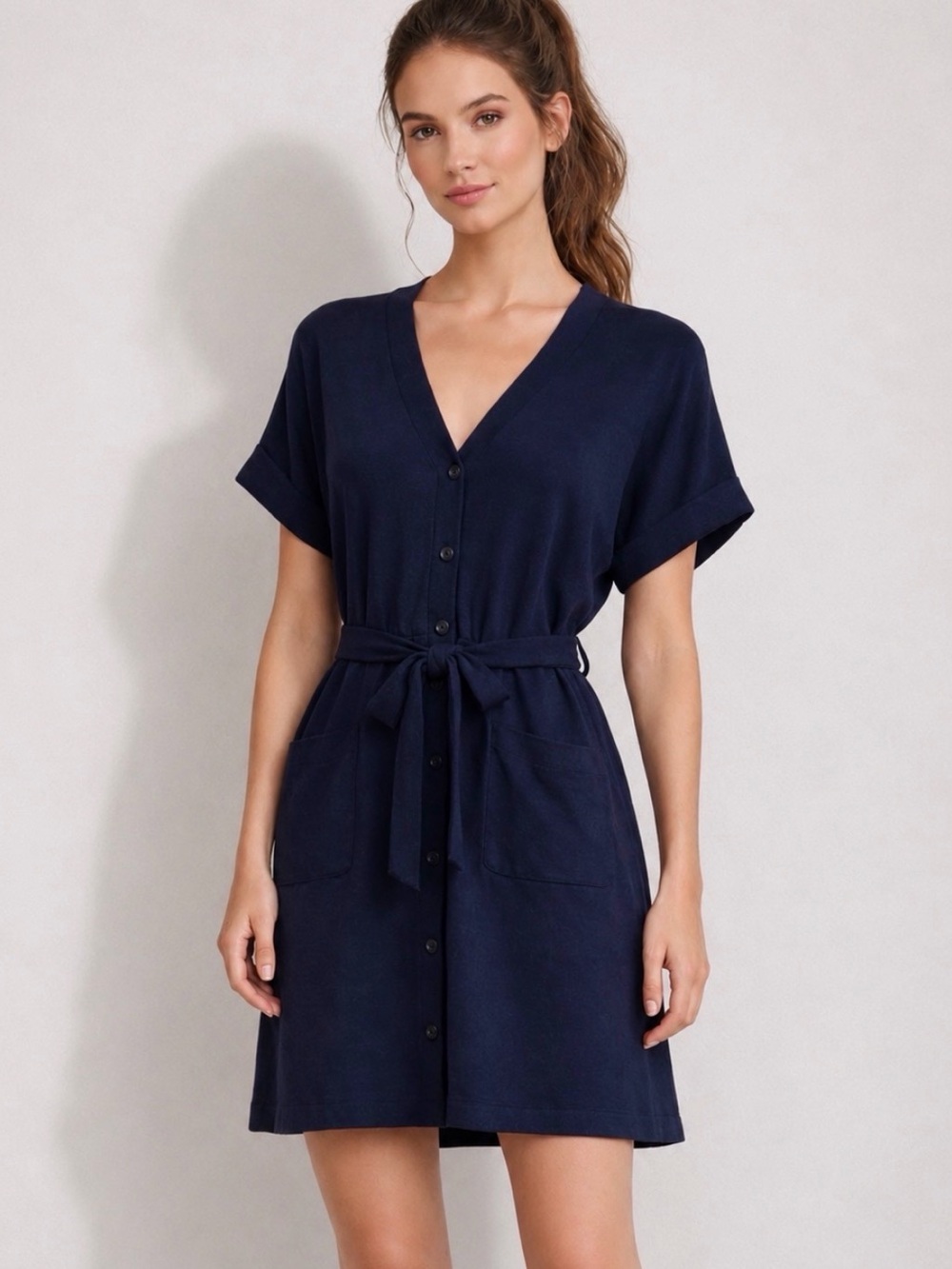 FRANK & OAK Navy Blue Button-Down Belted Mini Dress NWT